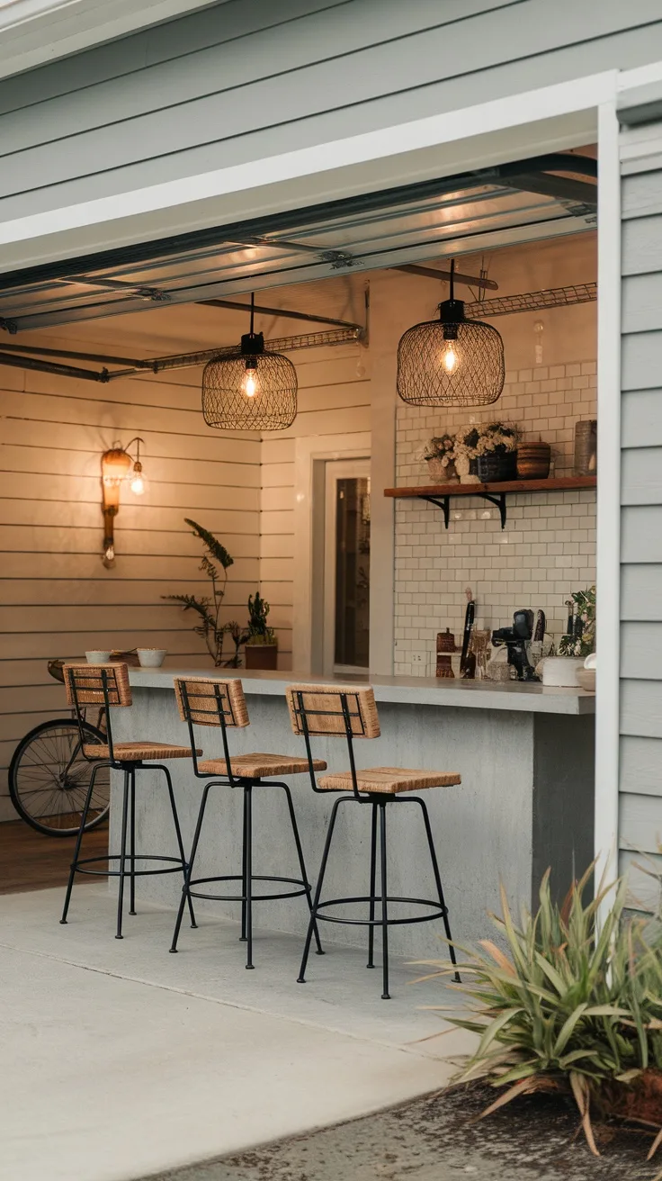 Modern farmhouse garage bar with shiplap walls and concrete countertop