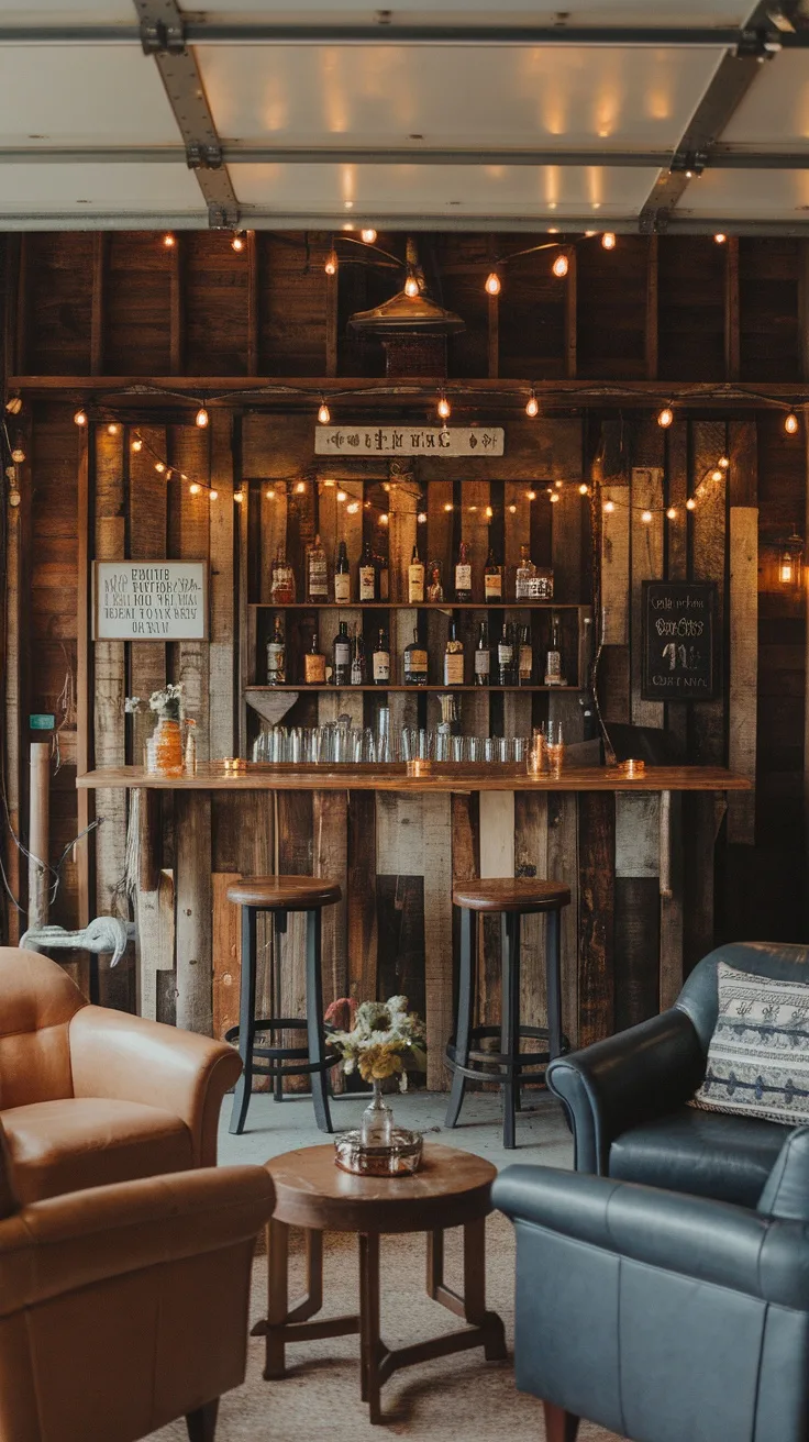 Cozy garage bar with reclaimed wood, string lights, and comfortable seating