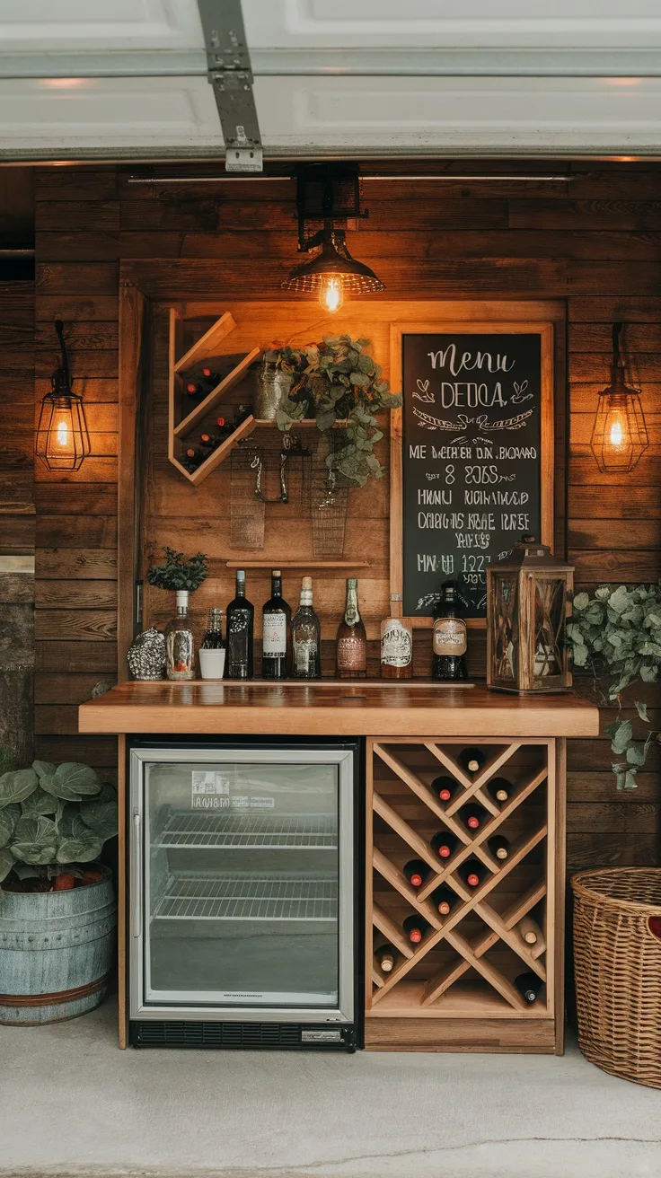 A rustic garage bar featuring a butcher block counter, mini fridge, wine rack, and chalkboard menu.