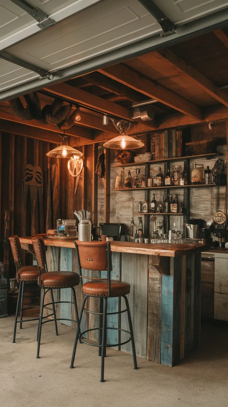 A rustic garage bar with reclaimed wood countertops and vintage barstools, featuring warm lighting and a cozy atmosphere.