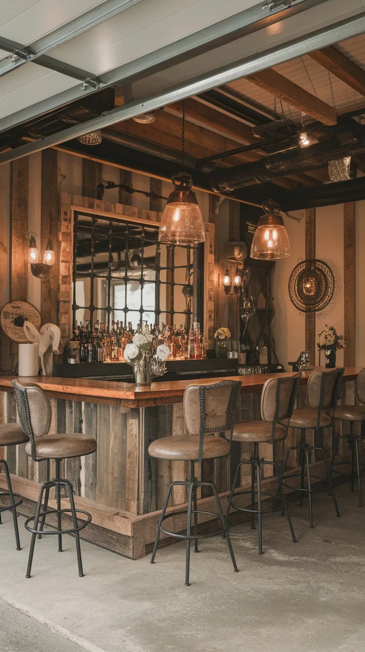 A stylish garage bar with a wooden counter, vintage stools, and a collection of spirits in the background.