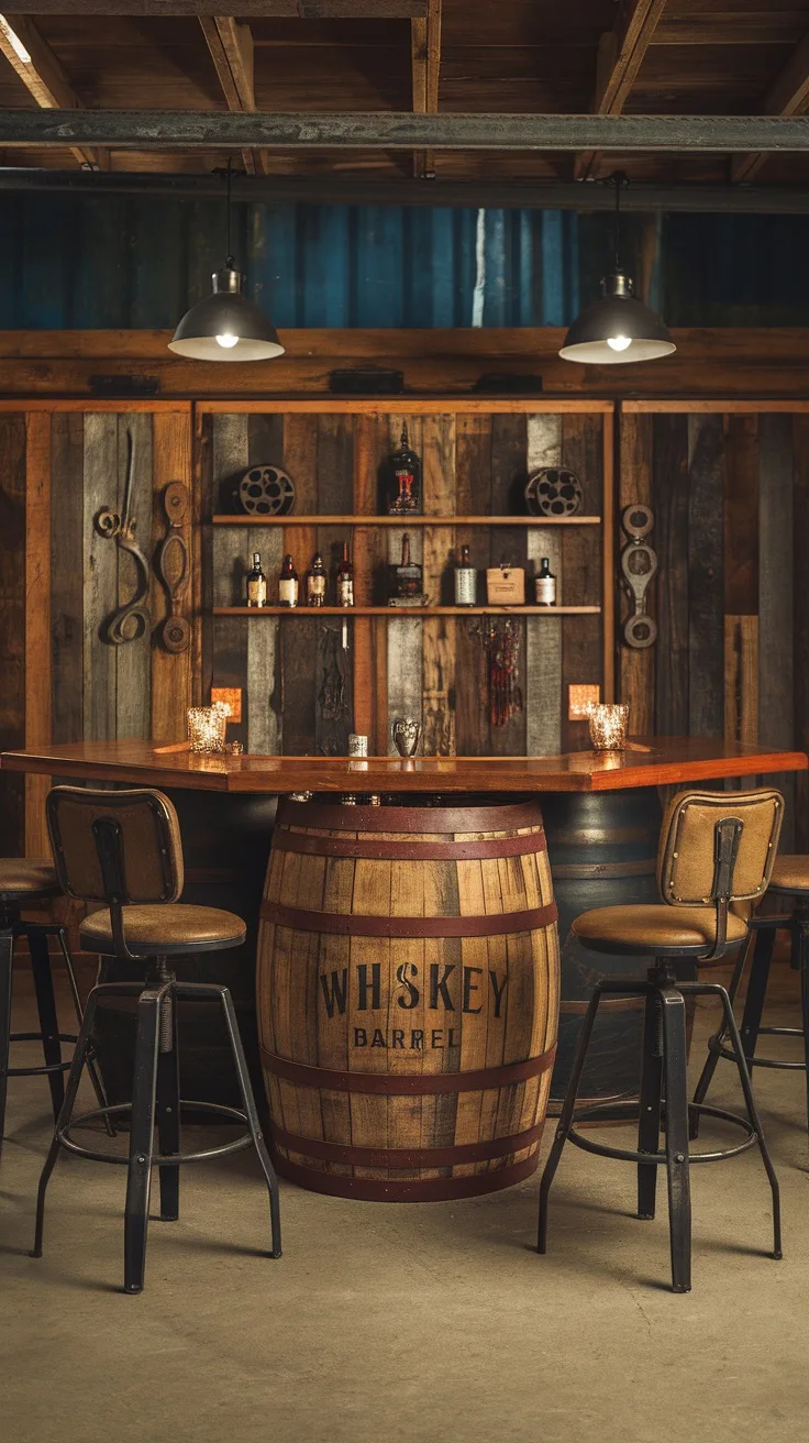 A whiskey barrel bar station in a rustic garage setting with wooden walls and metal accents.