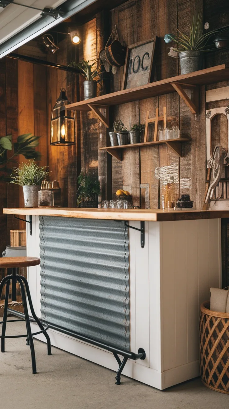 A stylish garage bar with a white and wood design, featuring black hardware and a corrugated metal front.