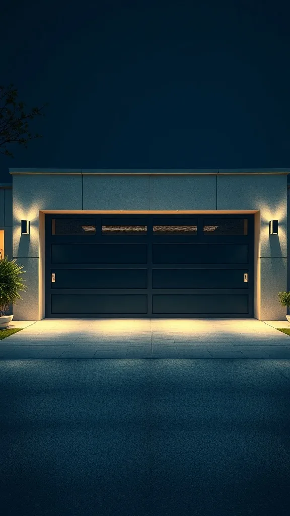 Garage exterior with accent lighting highlighting architectural features