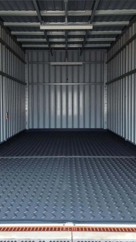 Image of a metal garage building featuring acoustic floor mats