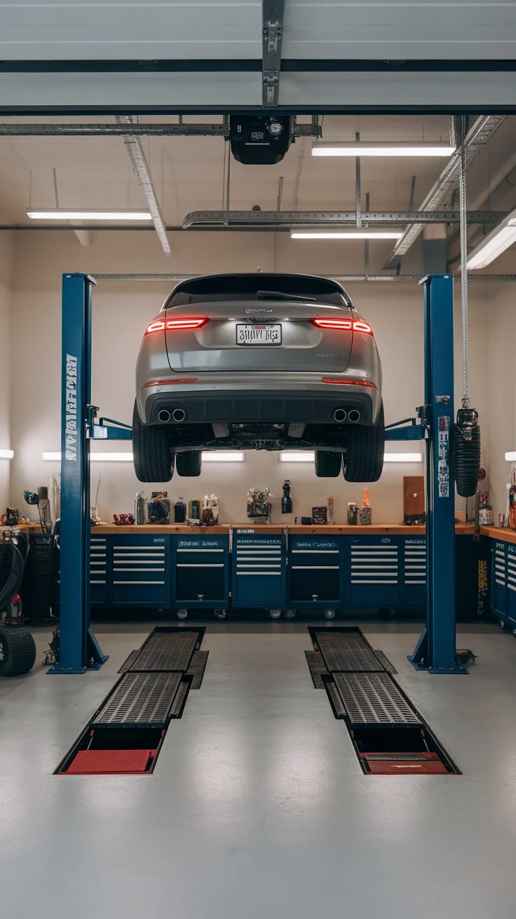 A car lifted on a hydraulic lift in a well-organized garage workshop with tools and storage.