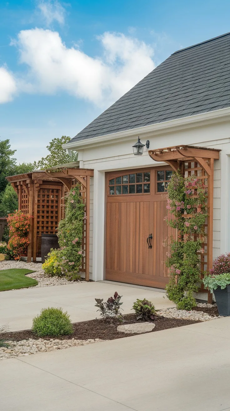 A garage with wooden trellises on either side, adorned with climbing plants and flowers.