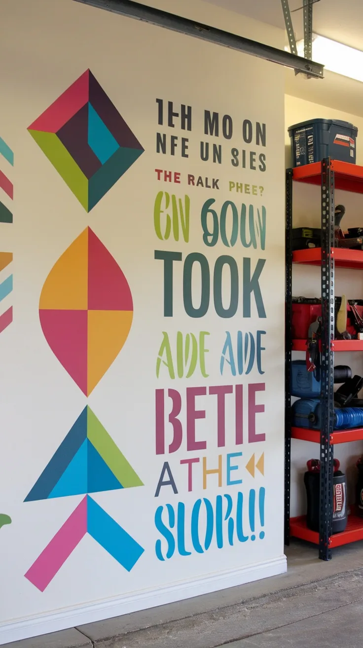 Colorful wall decals in a garage with geometric shapes and playful text.