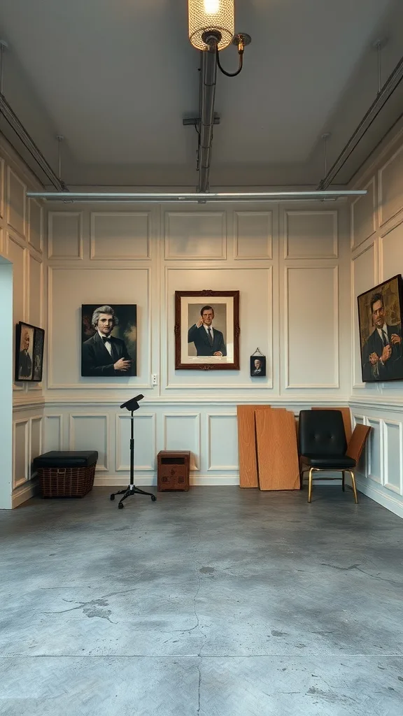 A well-decorated garage with paneled walls and framed portraits.