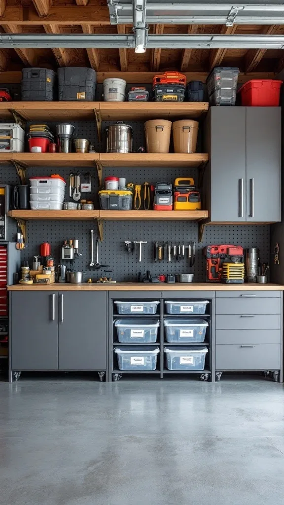 Organized garage with storage solutions, including labeled bins and cabinets