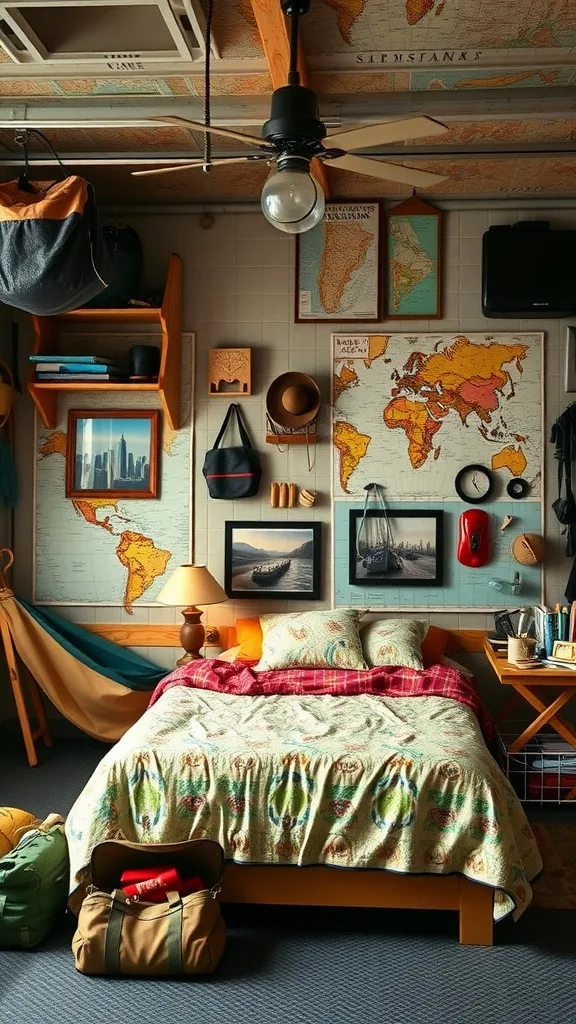 A garage bedroom designed with an adventure theme, featuring maps on the walls, cozy bedding, and travel gear.