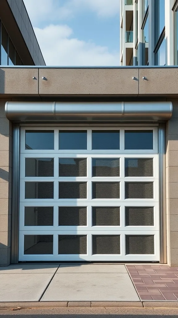 Aluminum garage door with grid pattern windows in a modern setting