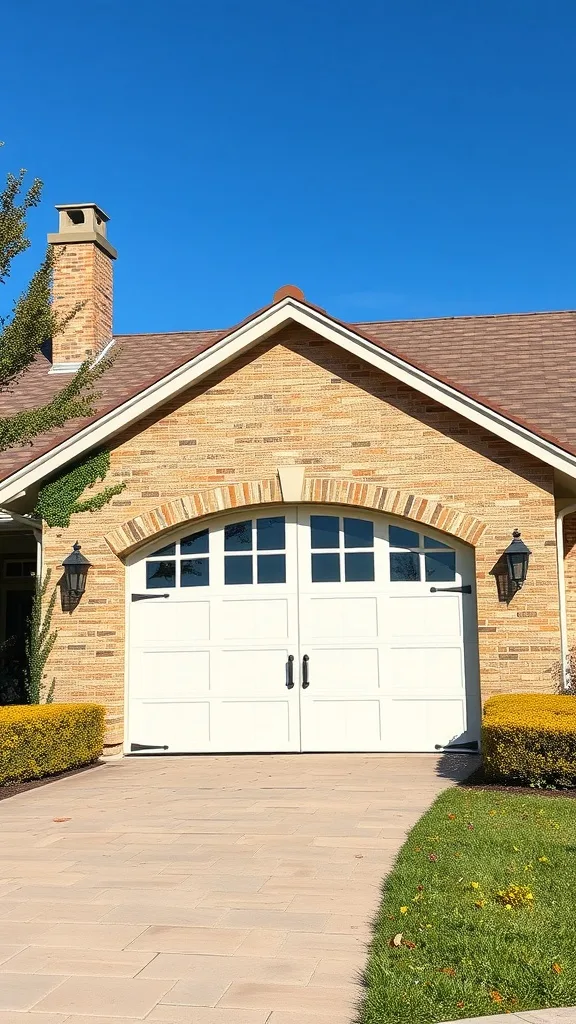 A white arched top garage door with windows, set against a brick house and clear blue sky.