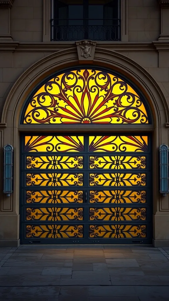 An ornate Art Deco garage door with vibrant yellow and dark metal designs.