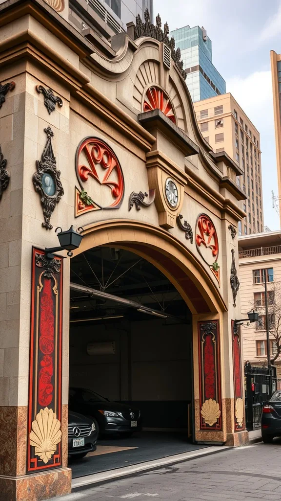 Art Deco garage with elegant lines and a decorative facade