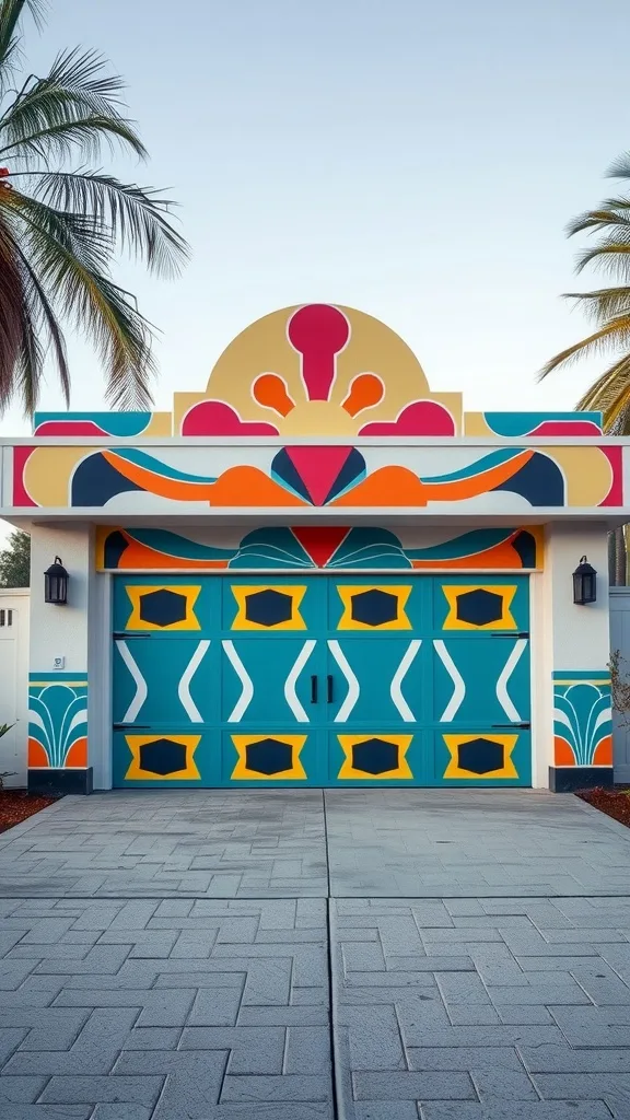 Art Deco inspired garage with colorful geometric patterns and ornate detailing.