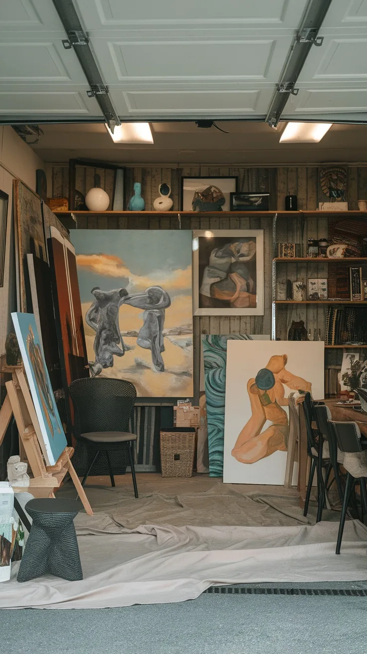 Art studio setup in a garage featuring various art pieces and cozy seating