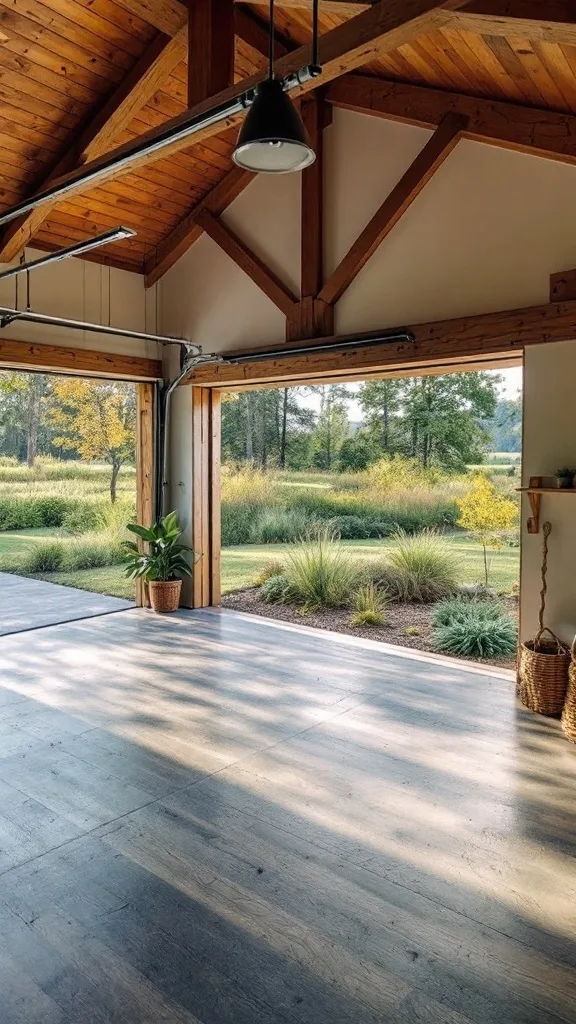 An art studio with garage doors open to a scenic view of mountains and greenery.