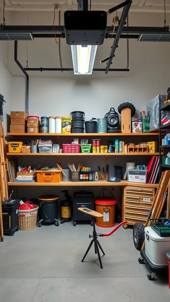 An organized garage art studio with custom storage solutions, featuring shelves filled with art supplies and a simple stool.