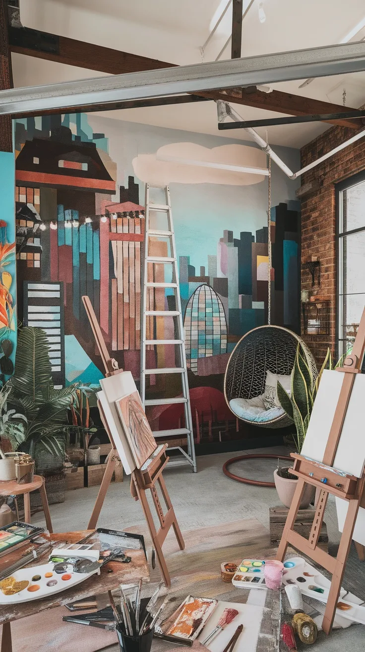 Artistic creative space with colorful walls, art supplies, and a cozy setup.