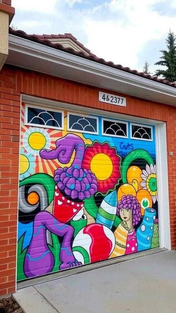 A colorful mural on a garage door featuring a pink bear, stars, and vibrant shapes.