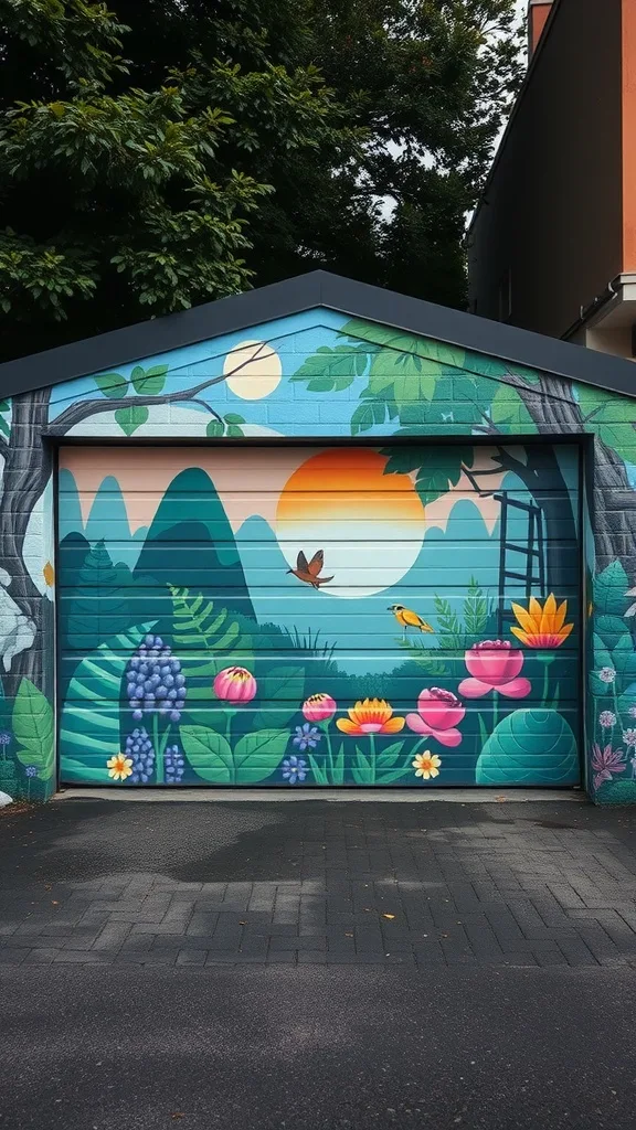 A garage door decorated with a vibrant mural depicting mountains, flowers, and a sunset.