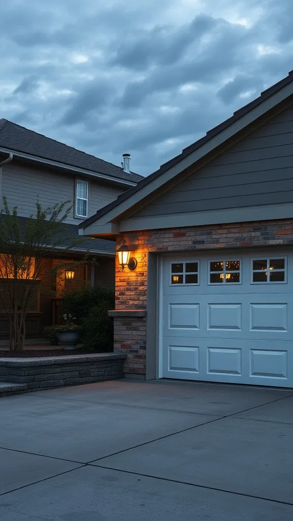 A stylish garage illuminated by sculptural outdoor lights.