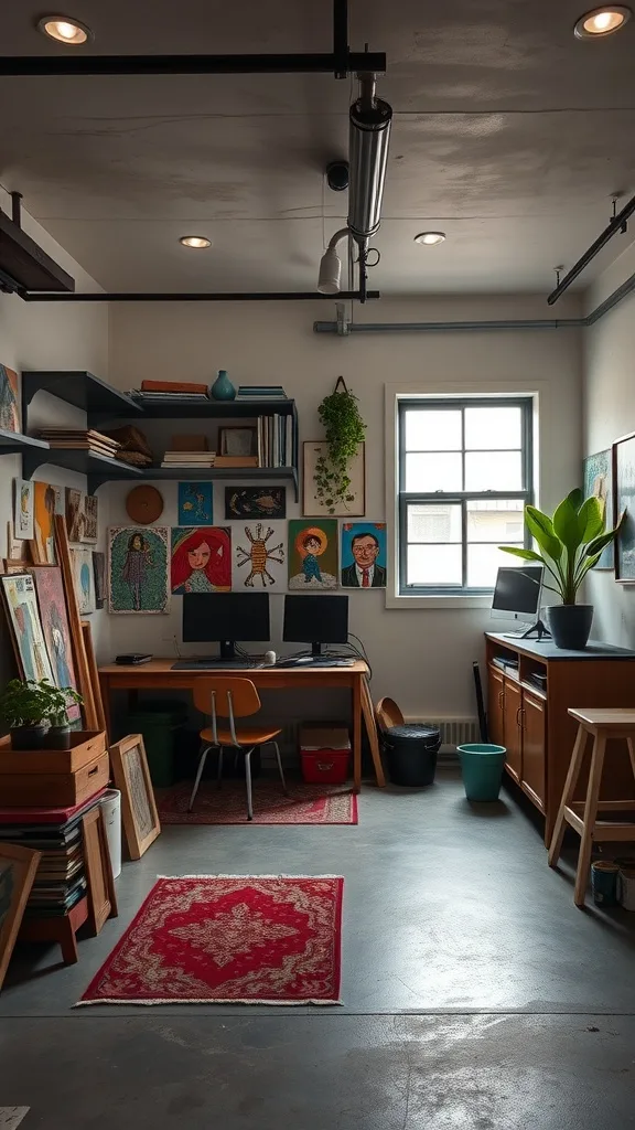 A creative studio in a garage apartment featuring art on the walls, a desk with computers, and decorative elements.