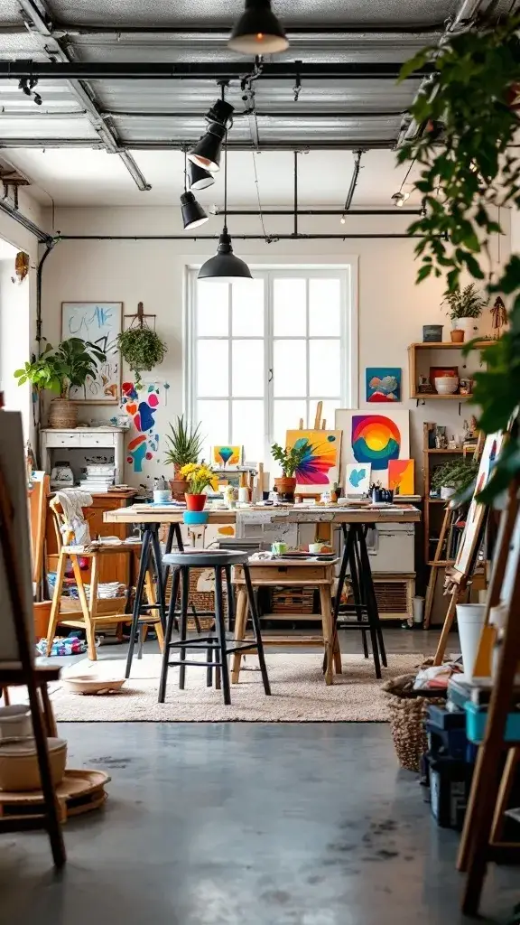 A bright and colorful artistic studio dining room with artwork, plants, and dining furniture.