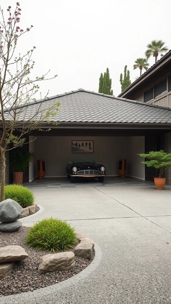 Asian-inspired garage entrance with wooden beams, sleek garage doors, and lush greenery.