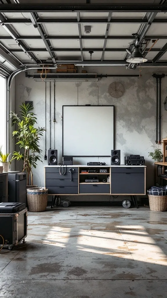 A modern garage with an audio system, featuring speakers, a media console, and a blank screen.