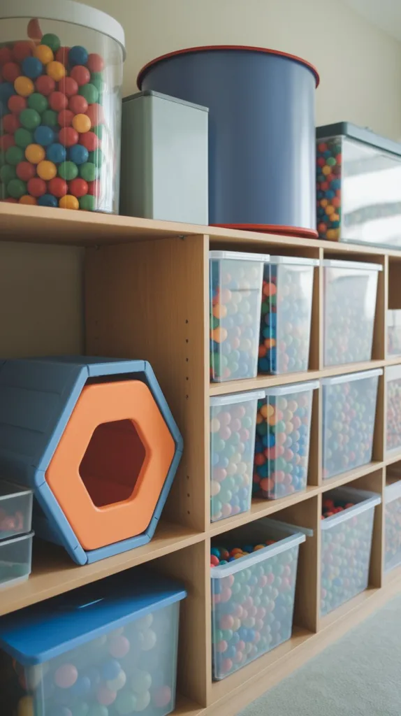 A photo of a shelf filled with various ball storage bins and containers. There are bins of different shapes, sizes, and colors, including a tall cylinder bin, a short hexagonal bin, and a box bin with a lid. The bins are filled with colorful balls of varying sizes. The shelf is placed against a wall in a well-lit room.