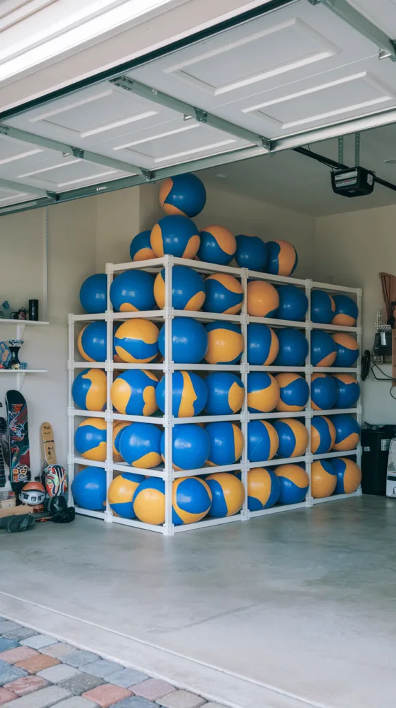 A photo of a garage with a ball storage system. The garage has a white ball storage system with multiple levels. The balls are stacked on top of each other in a pyramid shape. There are also some smaller items like a skateboard and a helmet stored on the ground. The garage has a concrete floor and is well-lit.