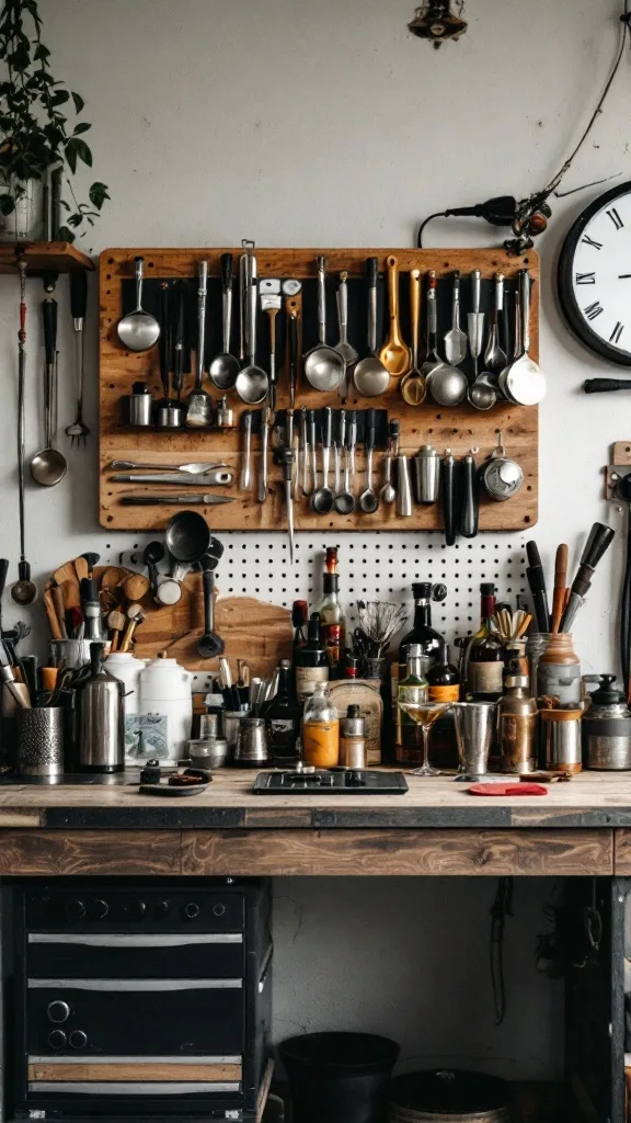 A neatly organized bar tool station with various utensils and bottles in a garage setting.