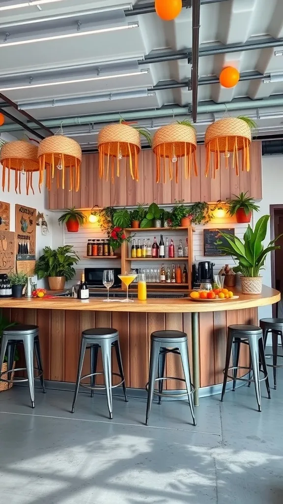 A beautifully designed beach-inspired bar area in a garage with a circular wooden bar, metal stools, bright orange accents, and lush greenery.