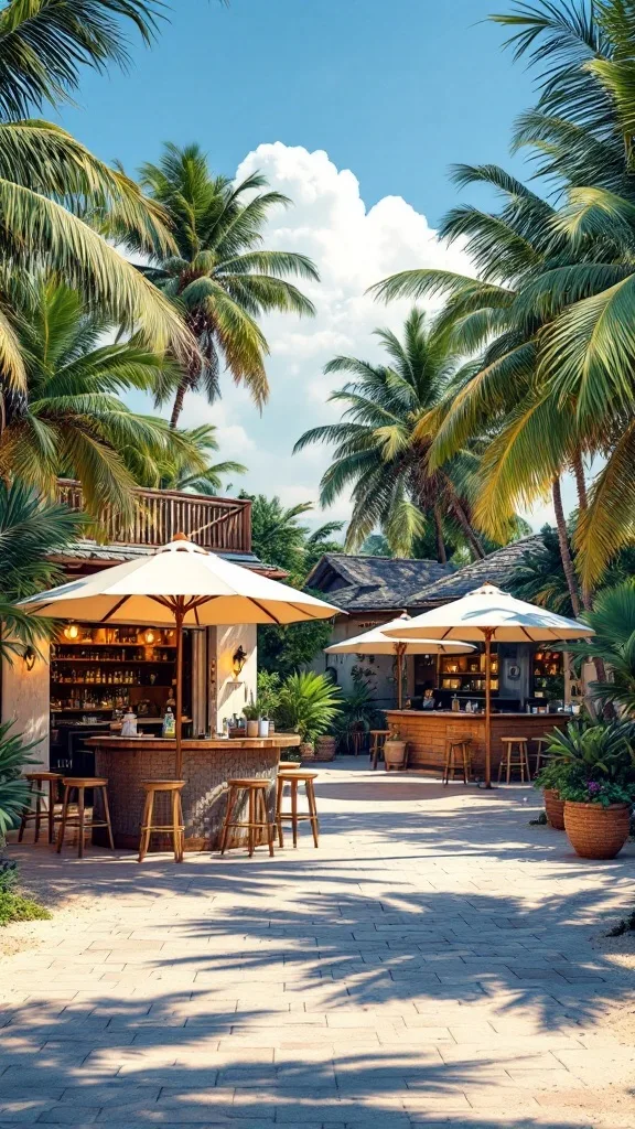 Tropical garage bar with beach umbrella shades and palm trees