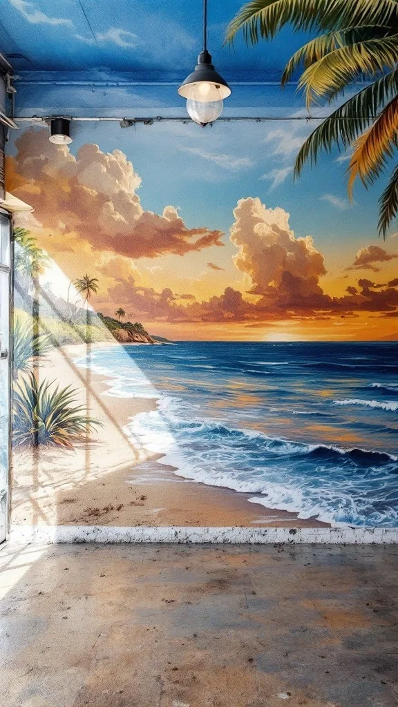 A vibrant beach mural depicting a sunset over the ocean with palm trees, creating a tropical vibe in a garage.