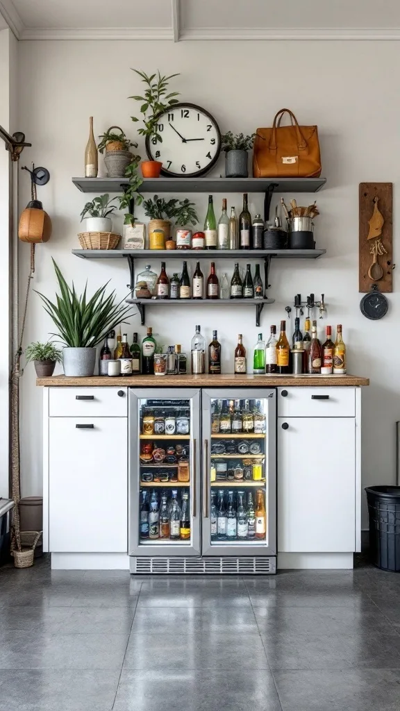 A stylish garage bar with a beverage fridge and shelves displaying a variety of drinks.