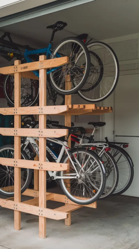 A wooden bicycle rack in a garage. The rack is made of wood and has multiple tiers. There are bicycles of various colors hanging on the rack. The background is a wall with a door.