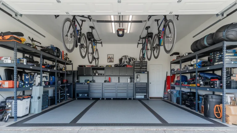 A photo of a garage with bikes hanging from the ceiling. There are also shelves filled with tools and equipment. The floor is covered with a rubber mat. The background is painted white. The lighting is bright.