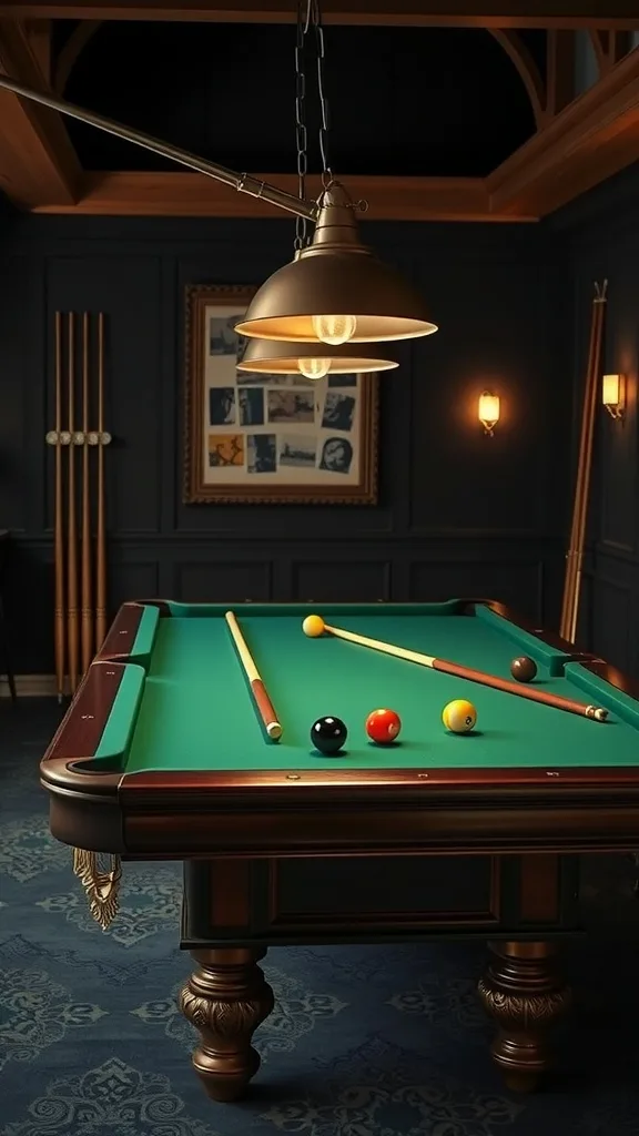 A classic billiards table with cues and colorful balls in a stylish garage man cave