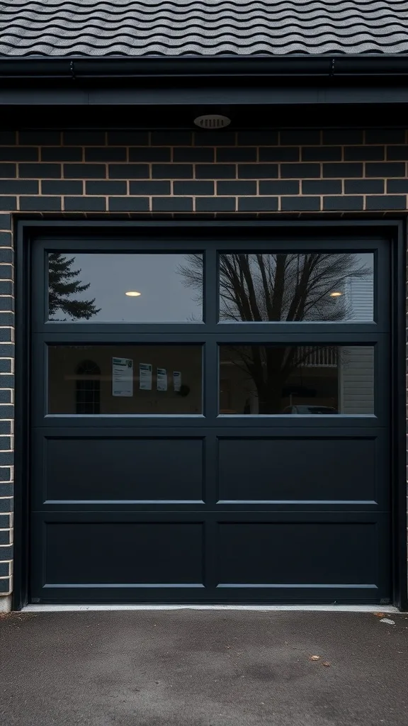 A modern black garage door with a full-width glass panel, set against a brick wall.