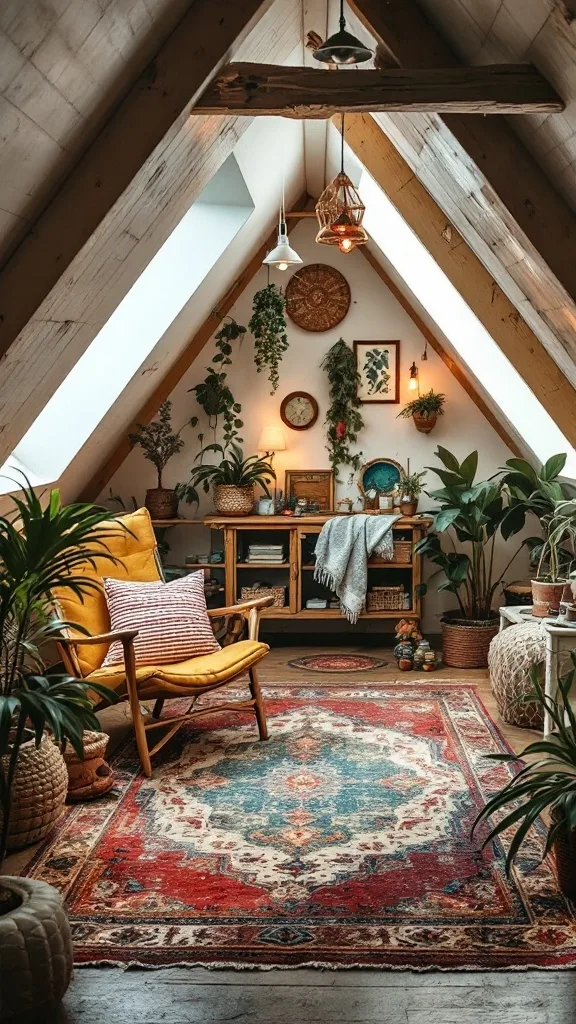 Cozy attic apartment with bohemian decor including plants, a yellow chair, and eclectic furnishings.