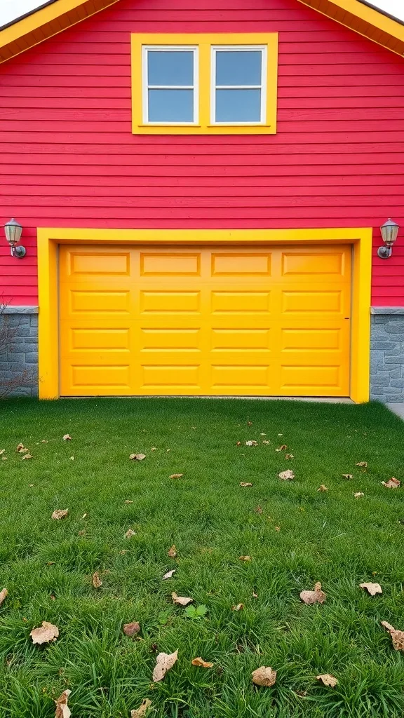 A bright red garage exterior with a yellow garage door and window trim