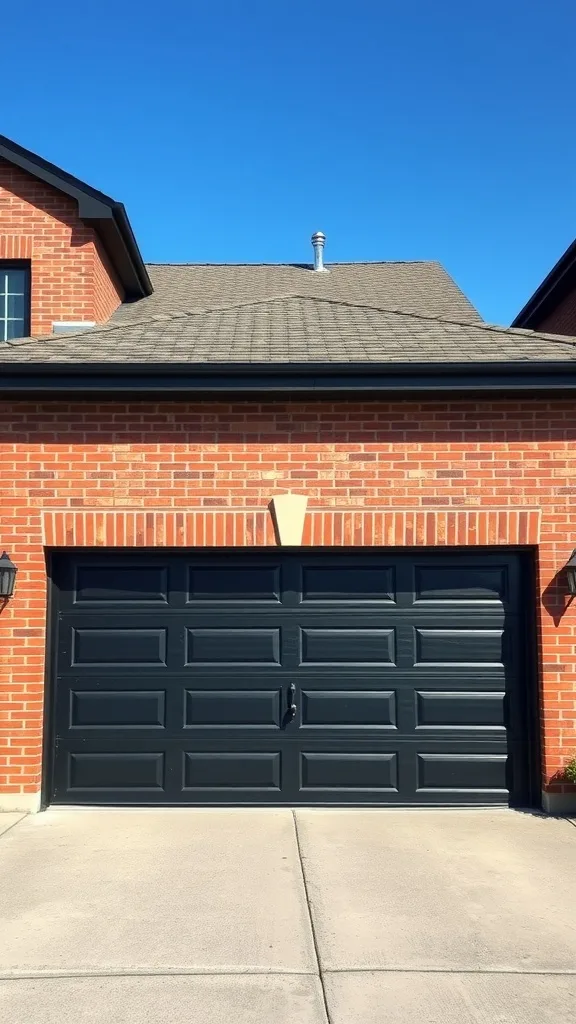 A bold black garage door on a brick house, showcasing a modern aesthetic.