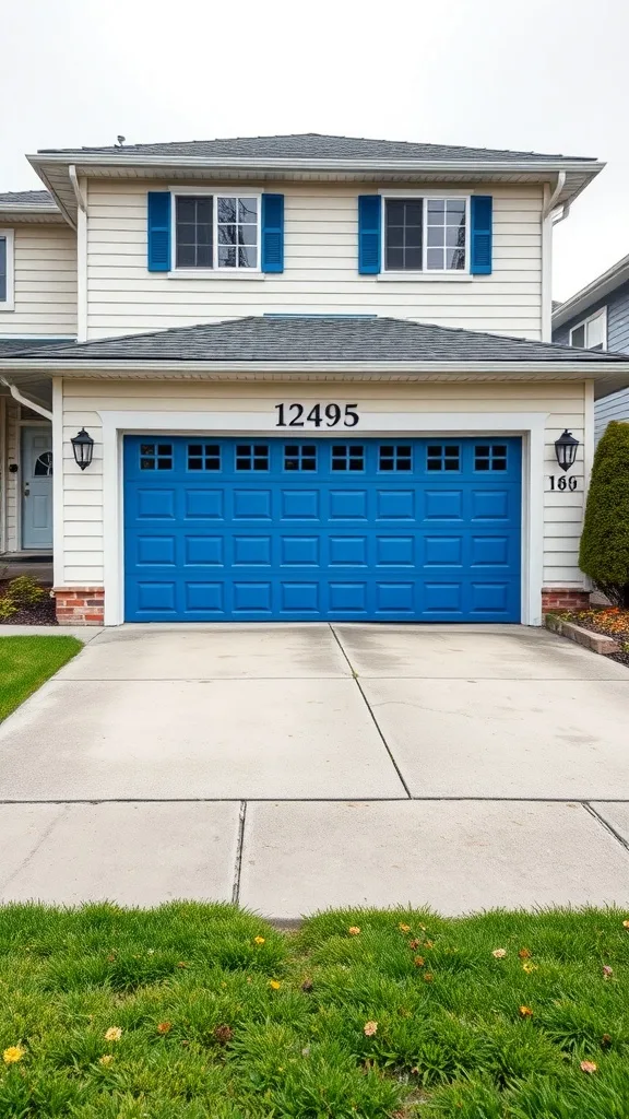 Garage exterior featuring a bold cobalt blue garage door and blue window shutters against a light-colored house