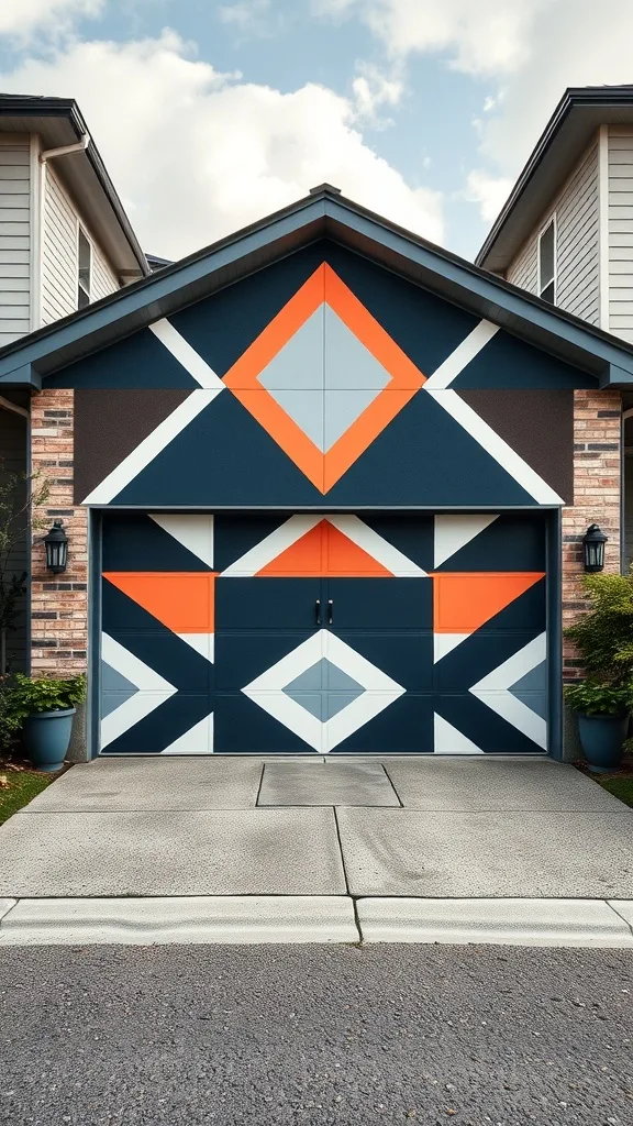 A garage door featuring bold geometric patterns in orange, blue, and white, creating a vibrant and modern aesthetic.