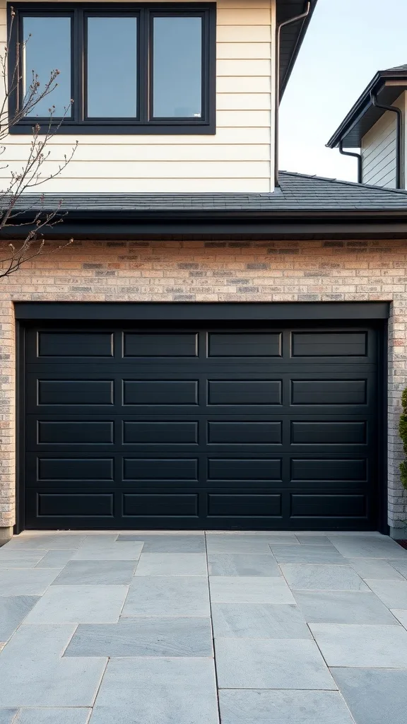 A modern black garage door featuring bold horizontal slats, complemented by a light brick exterior.