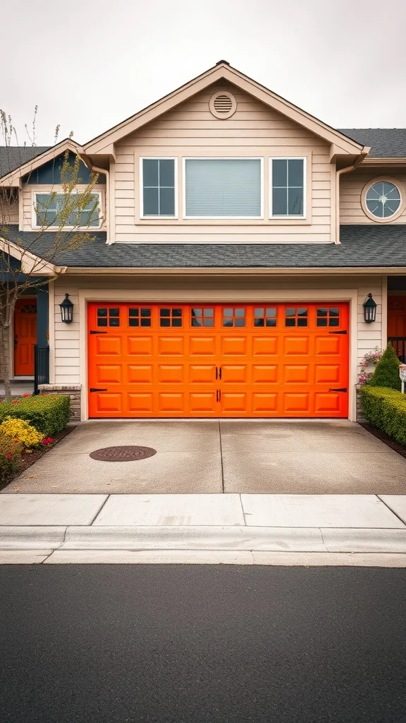 A bright orange garage door on a suburban home, contrasting with the beige exterior and dark roof.