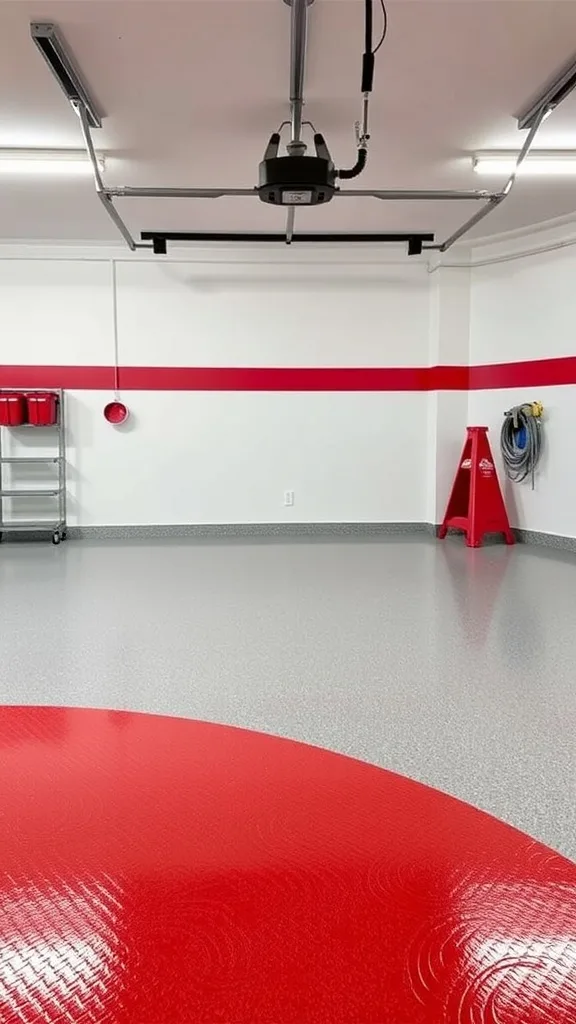 A garage floor featuring a bold red accent area surrounded by a gray surface, with a red stripe on the wall.